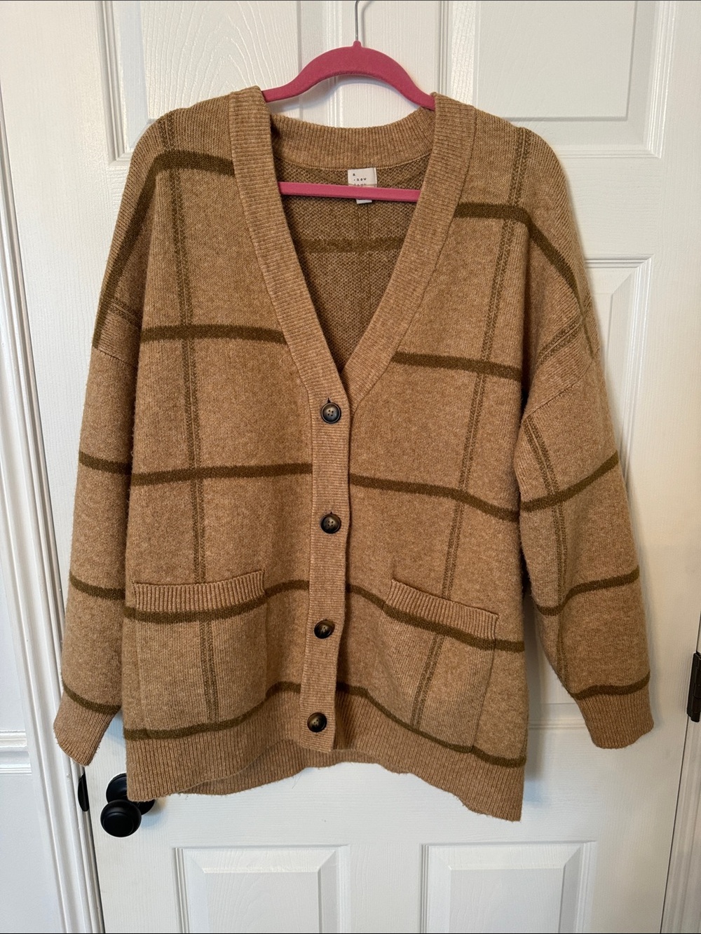Cozy Windowpane Cardigan Sweater - Camel